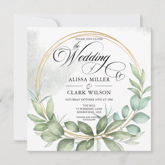 Waterverf Eucalyptus Greenery Gold Lijst Wedding Kaart (Voorkant)