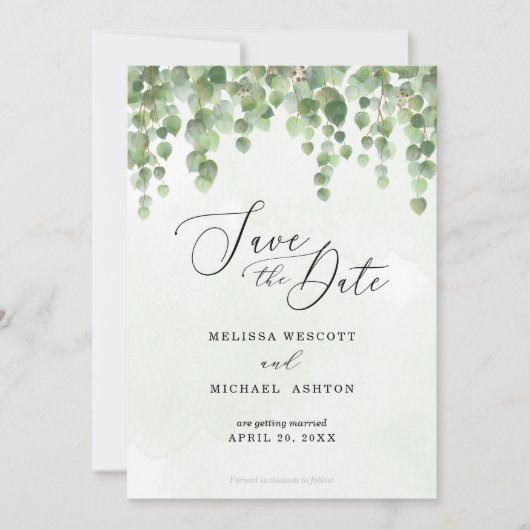 Waterverf: Eucalyptus Greenery + Gold Save The Date (Voorkant)