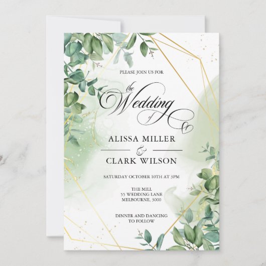 Waterverf Eucalyptus Greenery Gold Wedding Invita Kaart (Voorkant)