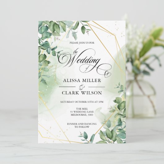 Waterverf Eucalyptus Greenery Gold Wedding Invita Kaart (Staand voorkant)