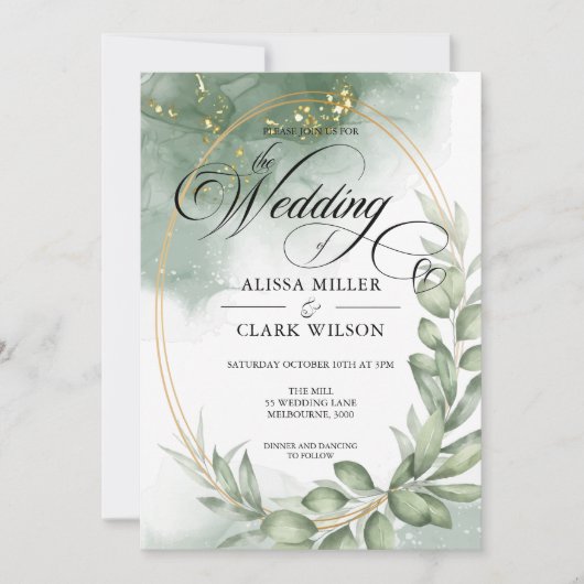 Waterverf Eucalyptus Greenery Gold Wedding Kaart (Voorkant)