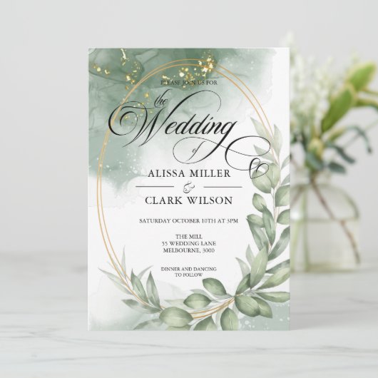 Waterverf Eucalyptus Greenery Gold Wedding Kaart (Staand voorkant)