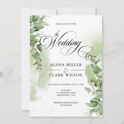 Waterverf Eucalyptus Greenery Gold Wedding Kaart (Voorkant)