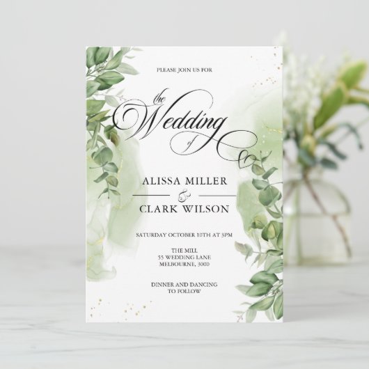 Waterverf Eucalyptus Greenery Gold Wedding Kaart (Staand voorkant)