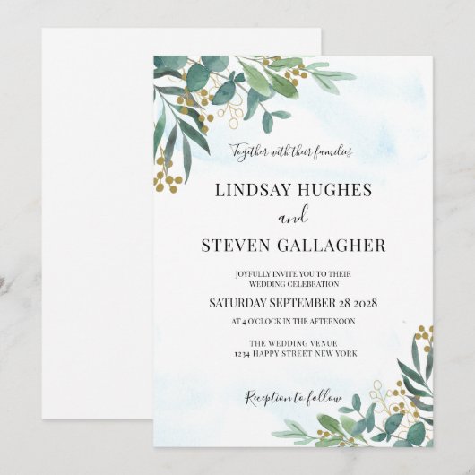 Waterverf Eucalyptus Greenery Gold Wedding Kaart (Voorkant / Achterkant)