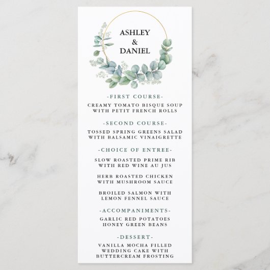 Waterverf Eucalyptus Greenery Gold Wedding Menu (Voorkant)