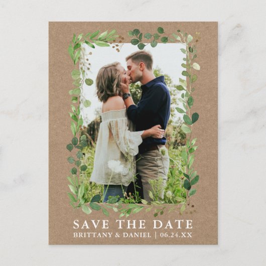 Waterverf Eucalyptus Greenery Kraft Save the Date Briefkaart (Voorkant)