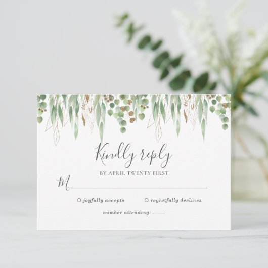 Waterverf Eucalyptus Greenery Modern Wedding RSVP Kaartje (Staand voorkant)