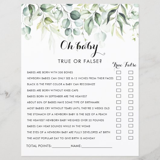 Waterverf Eucalyptus Greenery Oh Baby shower Game (Voorkant)