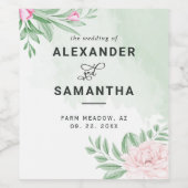 Waterverf Eucalyptus Greenery Pink Floral Wedding Wijn Etiket (Enkel label)