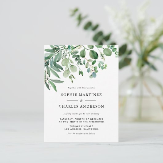 Waterverf Eucalyptus Greenery QR Code Huwelijk Uitnodiging Briefkaart (Staand voorkant)