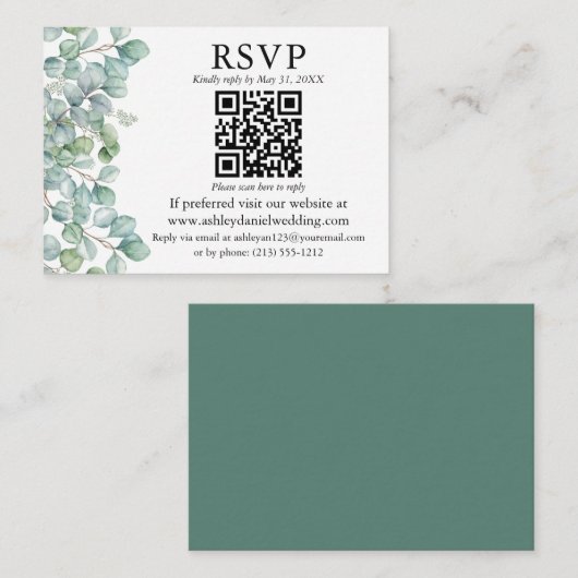 Waterverf Eucalyptus Greenery QR RSVP Weddenschap Informatiekaartje (Voorkant / Achterkant)