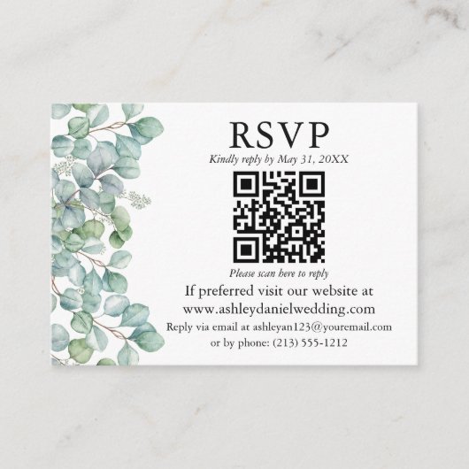 Waterverf Eucalyptus Greenery QR RSVP Weddenschap Informatiekaartje (Voorkant)