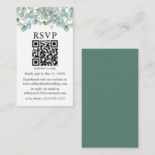 Waterverf Eucalyptus Greenery QR Wedding RSVP Informatiekaartje (Voorkant / Achterkant)
