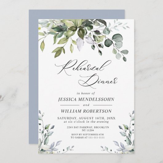Waterverf Eucalyptus Greenery Rehearsal Dinner in Kaart (Voorkant / Achterkant)