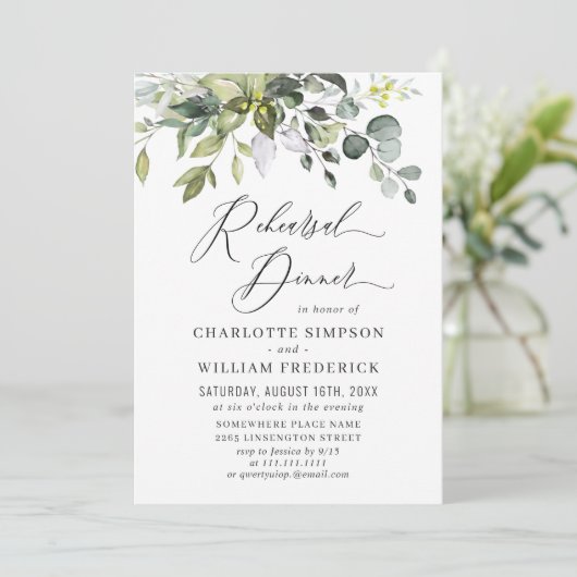 Waterverf Eucalyptus Greenery Rehearsal Dinner Kaart (Staand voorkant)