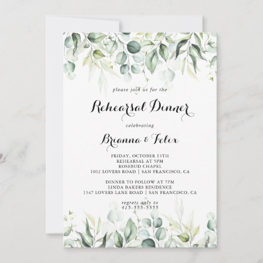 Waterverf Eucalyptus Greenery Rehearsal Dinner Kaart (Voorkant)