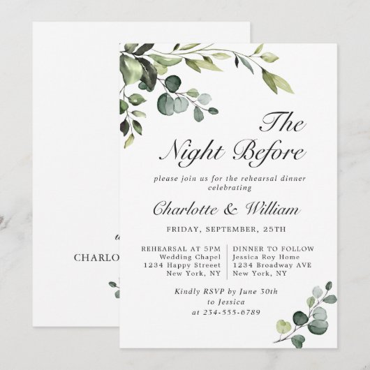 Waterverf Eucalyptus Greenery Rehearsal Dinner Kaart (Voorkant / Achterkant)