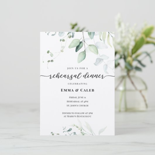 Waterverf Eucalyptus Greenery Rehearsal Dinner Kaart (Staand voorkant)