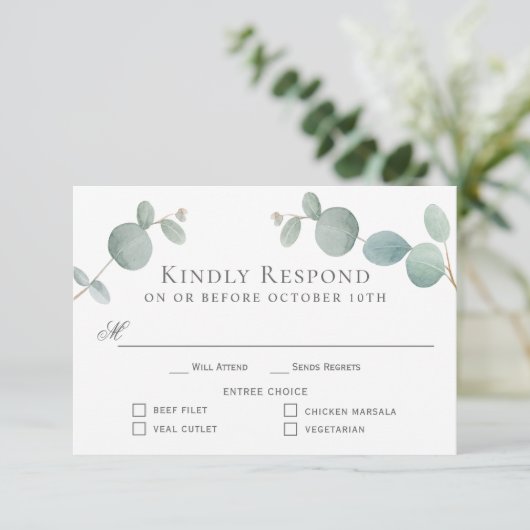 Waterverf Eucalyptus Greenery RSVP met 4 Entrees (Staand voorkant)