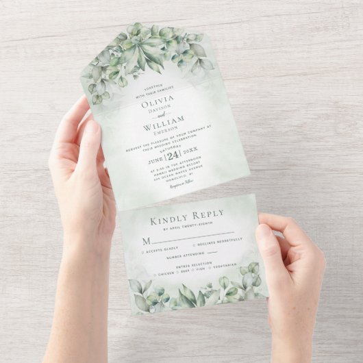 Waterverf Eucalyptus Greenery Sage Green Wedding All In One Uitnodiging (Afscheurbaar)