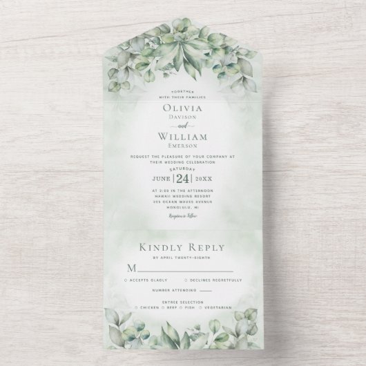 Waterverf Eucalyptus Greenery Sage Green Wedding All In One Uitnodiging (Binnen)