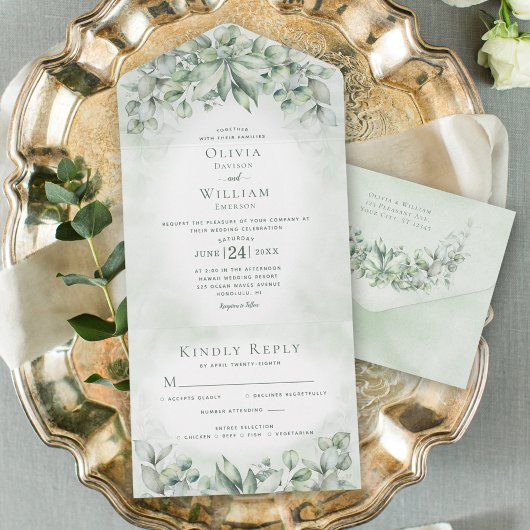 Waterverf Eucalyptus Greenery Sage Green Wedding All In One Uitnodiging