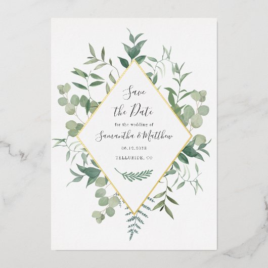 Waterverf Eucalyptus Greenery Save the Date Folie Uitnodiging (Voorkant)