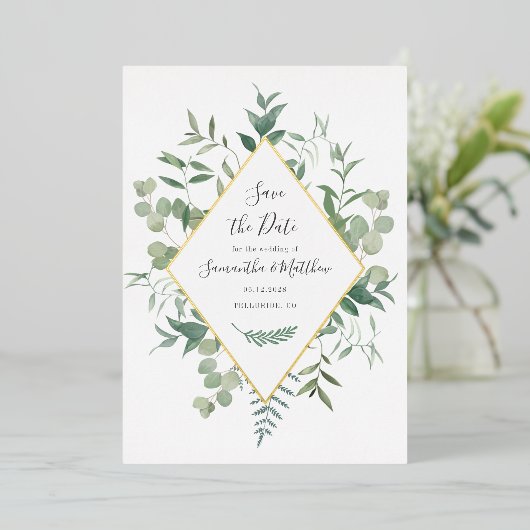 Waterverf Eucalyptus Greenery Save the Date Folie Uitnodiging (Staand Voorkant)