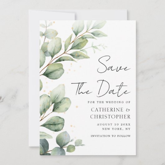 Waterverf Eucalyptus Greenery Script Weddenschap Save The Date (Voorkant)
