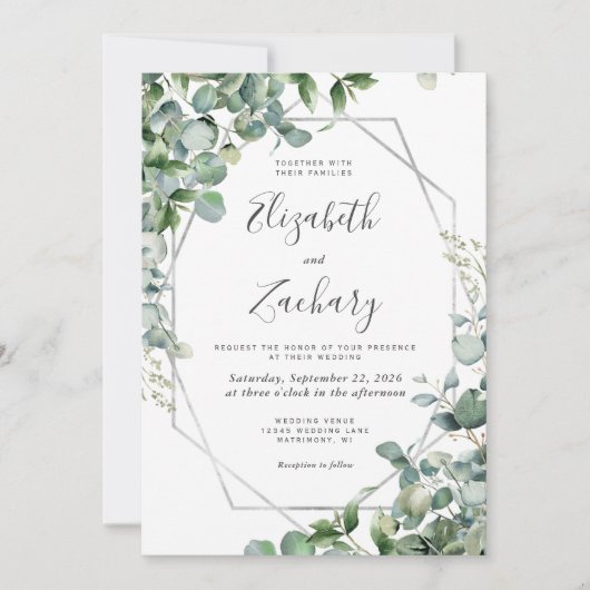 Waterverf Eucalyptus Greenery Silver Geo Wedding Kaart (Voorkant)