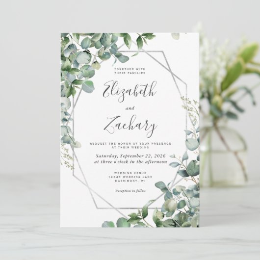 Waterverf Eucalyptus Greenery Silver Geo Wedding Kaart (Staand voorkant)