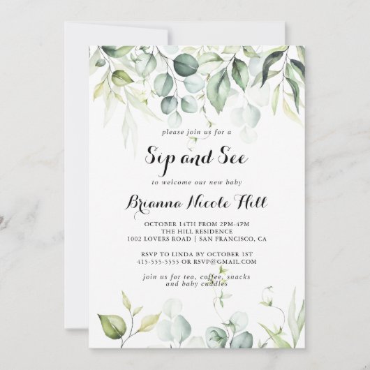 Waterverf Eucalyptus Greenery Sip and See Kaart (Voorkant)