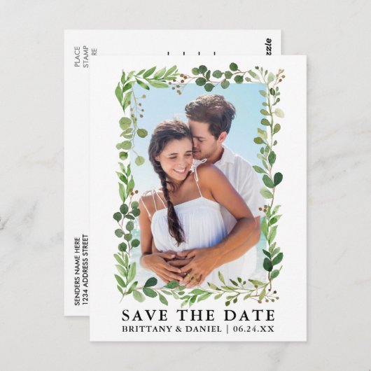 Waterverf Eucalyptus Greenery slaat de datum op Briefkaart (Voorkant / Achterkant)