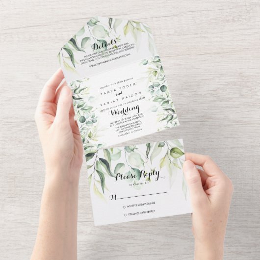 Waterverf Eucalyptus Greenery Wedding All In One Uitnodiging (Afscheurbaar)