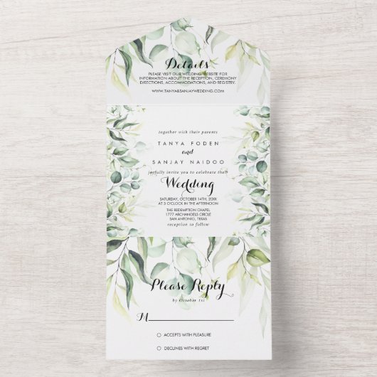 Waterverf Eucalyptus Greenery Wedding All In One Uitnodiging (Binnen)