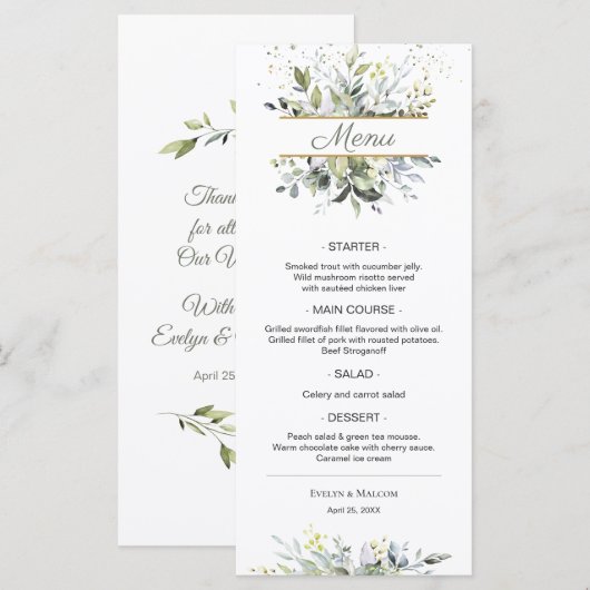 Waterverf Eucalyptus Greenery Wedding Dinner Menu (Voorkant / Achterkant)