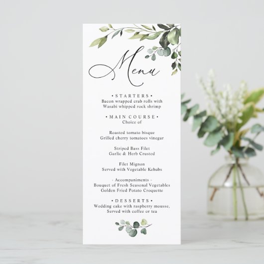 Waterverf Eucalyptus Greenery Wedding Dinner Menu (Staand voorkant)