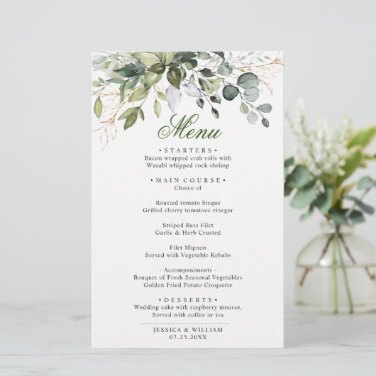 Waterverf Eucalyptus Greenery Wedding Dinner Menu (Staand voorkant)