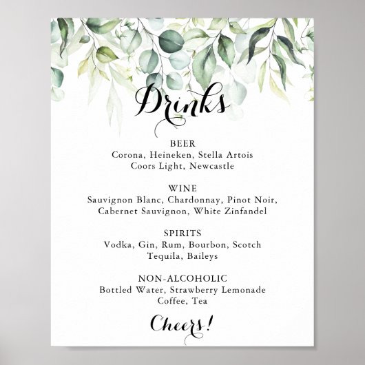 Waterverf Eucalyptus Greenery Wedding Drink Menu Poster (Voorkant)