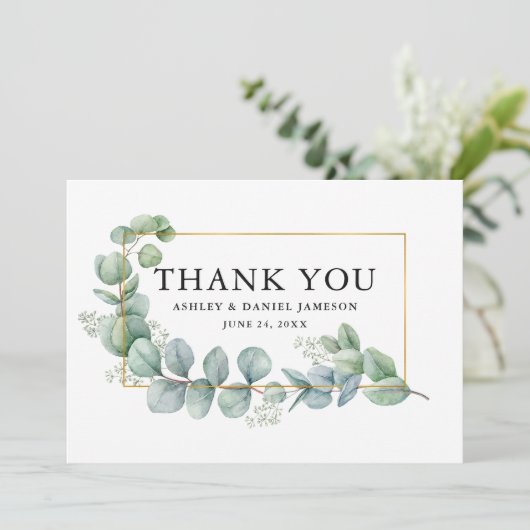 Waterverf Eucalyptus Greenery Wedding Gold Lijst Bedankkaart (Staand voorkant)