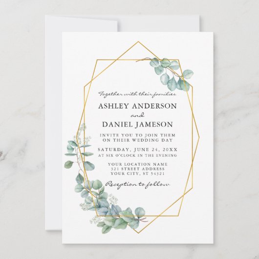 Waterverf Eucalyptus Greenery Wedding Gold Lijst Kaart (Voorkant)