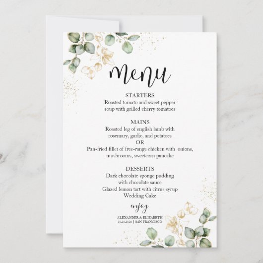Waterverf Eucalyptus Greenery Wedding Menu Kaart (Voorkant)