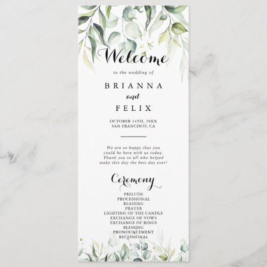 Waterverf Eucalyptus Greenery Wedding Programme Programmakaart (Voorkant)