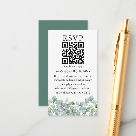 Waterverf Eucalyptus Greenery Wedding QR RSVP Informatiekaartje (Voorkant / Achterkant in situ)