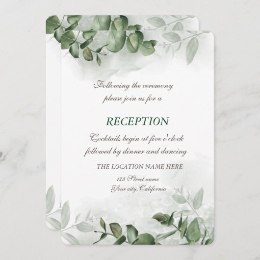 Waterverf Eucalyptus Greenery Wedding Reception Kaart (Voorkant / Achterkant)