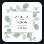 Waterverf Eucalyptus Greenery Wedding Vierkante Sticker<br><div class="desc">De lentes van waterverf eucalyptus groen benadrukken deze moderne bruiloft sticker met subtiele natuur-geïnspireerde elegantie. Dit ontwerp bevat een tekst sjabloon met de namen van de bruid en bruidegom en trouwdatum. Personaliseer met uw gewenste tekst. Deze vierkante sticker is verkrijgbaar in twee verschillende maten. De kleinere maat werkt prachtig als...</div>