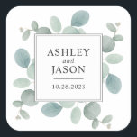 Waterverf Eucalyptus Greenery Wedding Vierkante Sticker<br><div class="desc">De lentes van waterverf eucalyptus groen benadrukken deze moderne bruiloft sticker met subtiele natuur-geïnspireerde elegantie. Dit ontwerp bevat een tekst sjabloon met de namen van de bruid en bruidegom en trouwdatum. Personaliseer met uw gewenste tekst. Deze vierkante sticker is verkrijgbaar in twee verschillende maten. De kleinere maat werkt prachtig als...</div>