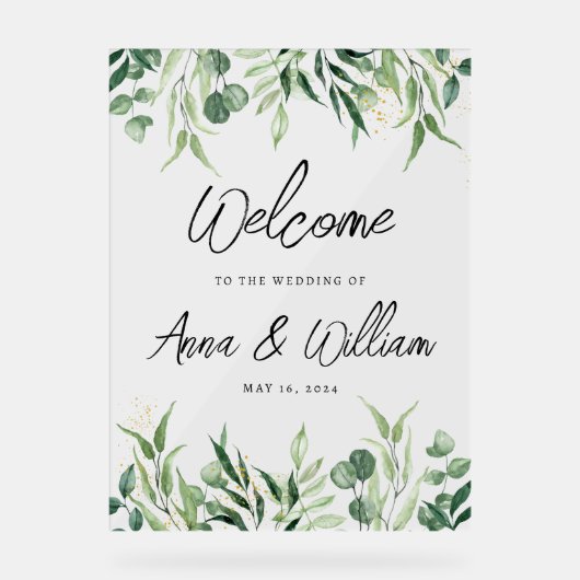 Waterverf Eucalyptus Greenery Wedding Welkom Acryl Bord (Voorkant)