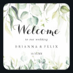 Waterverf Eucalyptus Greenery Wedding Welkom Vierkante Sticker<br><div class="desc">Deze waterverf eucalyptus groen bruiloft welkom vierkante sticker is ideaal voor een rustieke bruiloft. Dit artistieke ontwerp is voorzien van handgetekend,  waterverf eucalyptus groen gebladerte,  inspirerend natuurschoon. Deze labels zijn perfect voor hotelgasten welkomsttassen en bestemmingsbruiloften.</div>